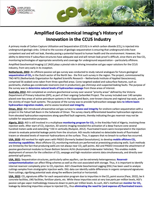 AGI Carbon Capture Sequestration History Technical Note